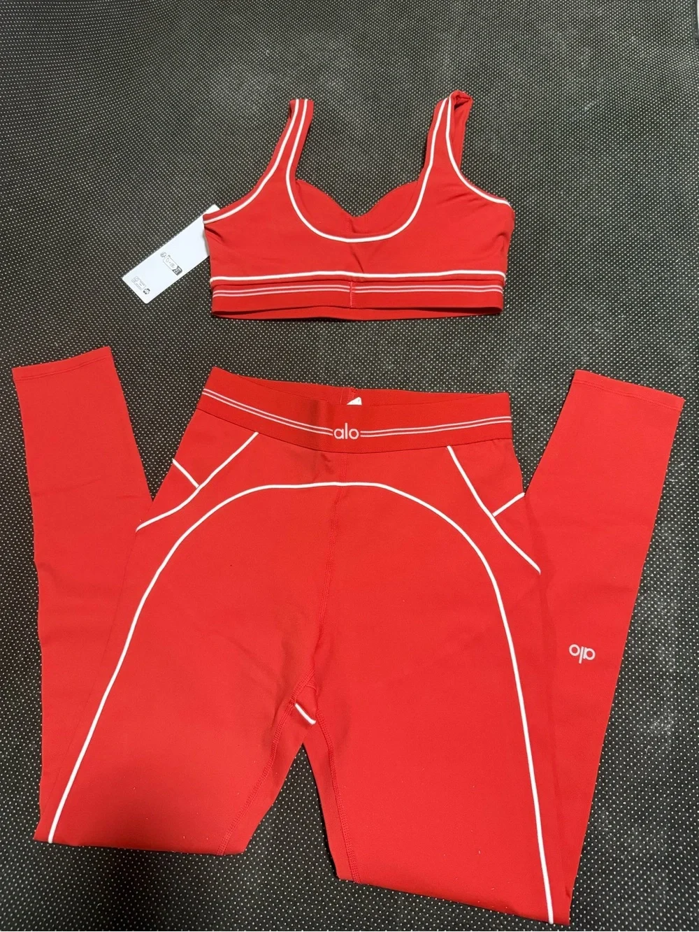 ALO Yoga Red Sports Bra and Leggings Set with White Piping
